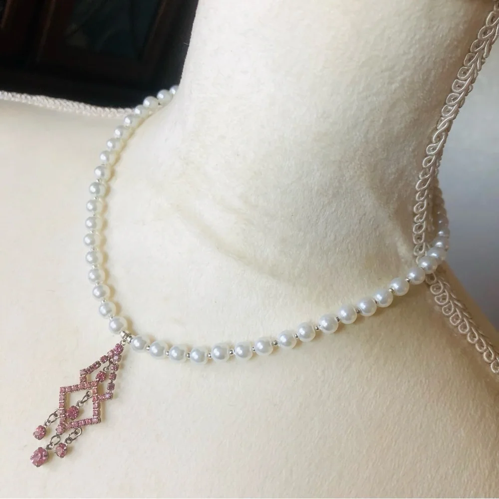 Handcrafted repurpose elegant pink chandelier pendant Czech glass Pearl necklace